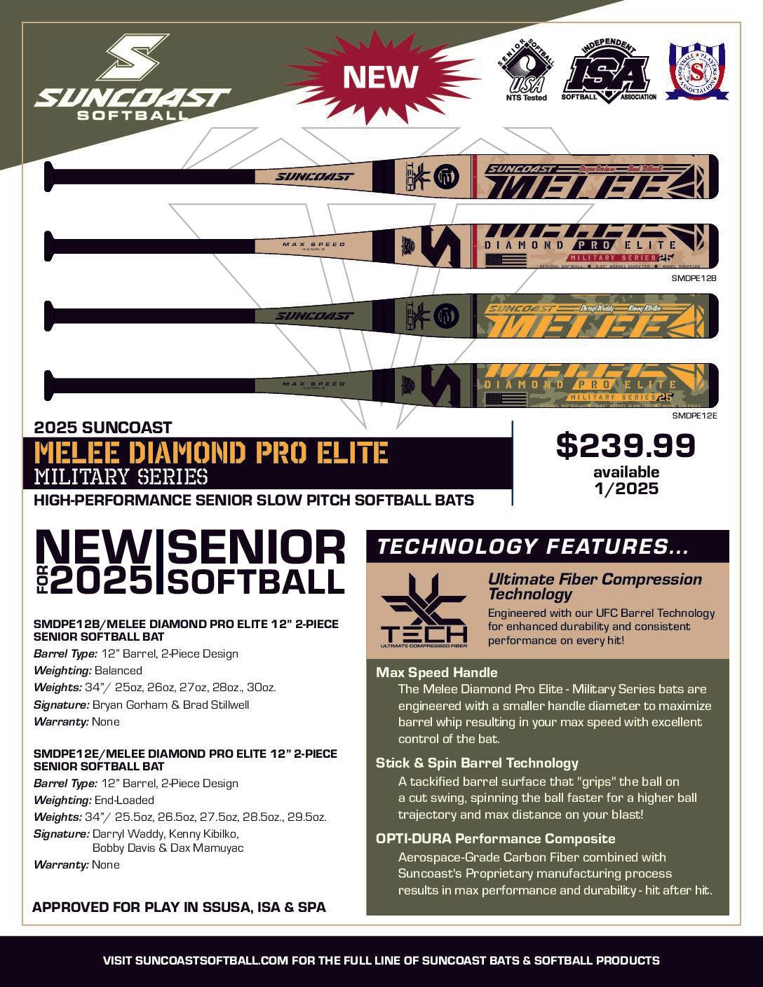 2025 Suncoast Melee Diamond Pro Elite 12" 2-Piece Balanced Military Series SSUSA Senior Slowpitch Softball Bat
