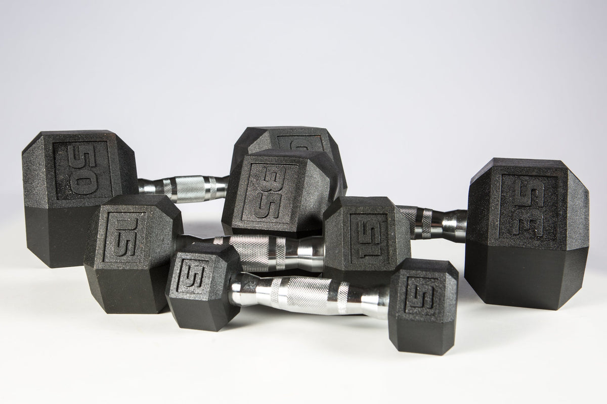 5-50lb York Barbell PVC Hex Dumbbell – Chrome Ergo Handle – SET