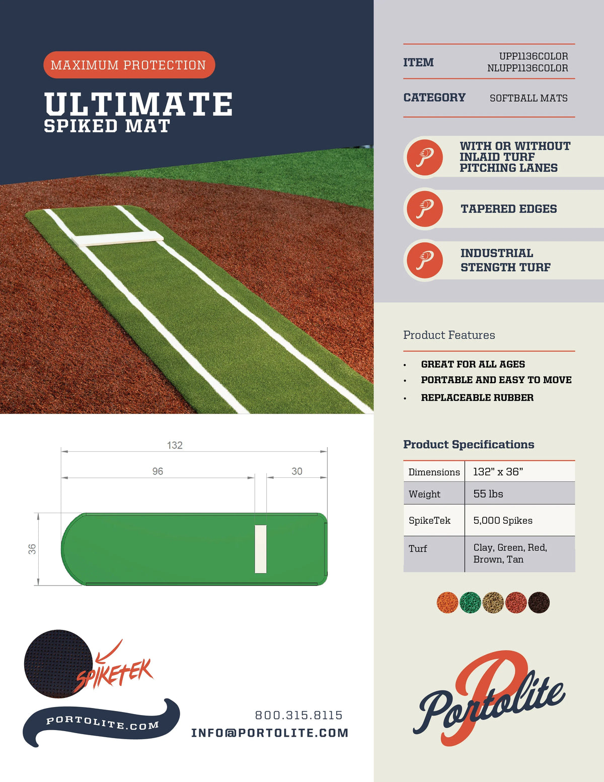 Portolite Baseball Ultimate Spiked Softball Practice Mat No Lines