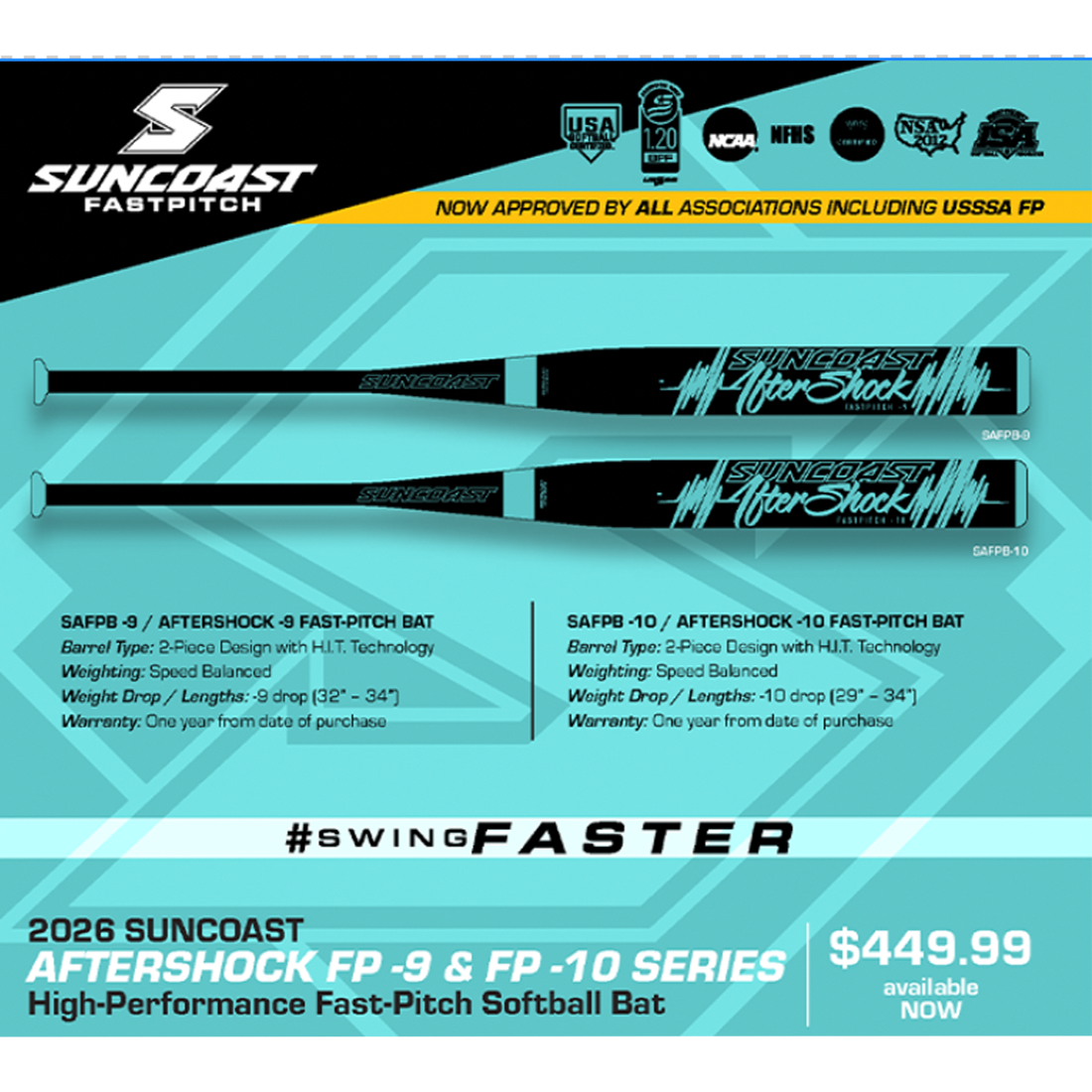 2026 Suncoast Aftershock Fastpitch Softball Bat: -10, -9
