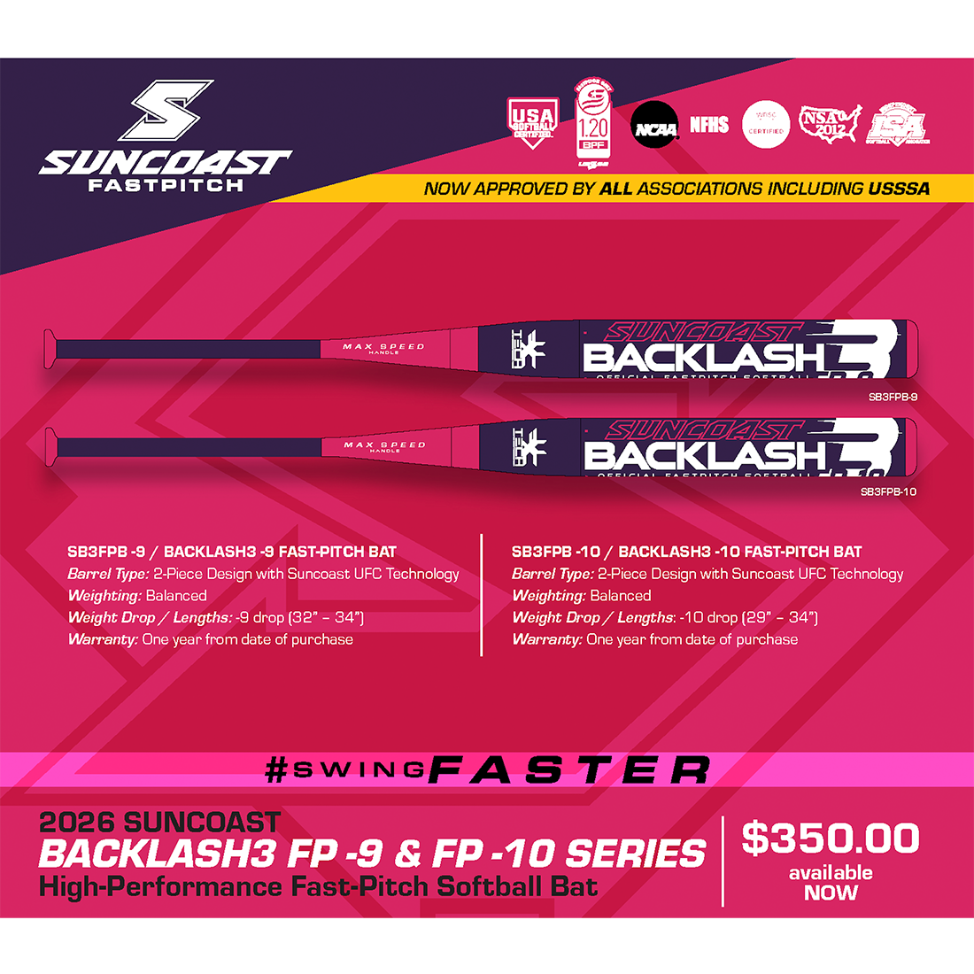 2026 Suncoast Backlash3 Fastpitch Softball Bat: -10, -9