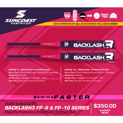 2026 Suncoast Backlash3 Fastpitch Softball Bat: -10, -9