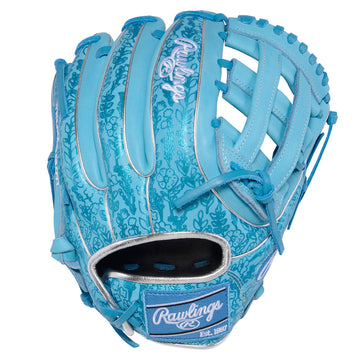Rawlings Heart of the Hide 11.75 inch Softball Glove in Columbia Blue with Floral Design on outer shell, close up wrist. 