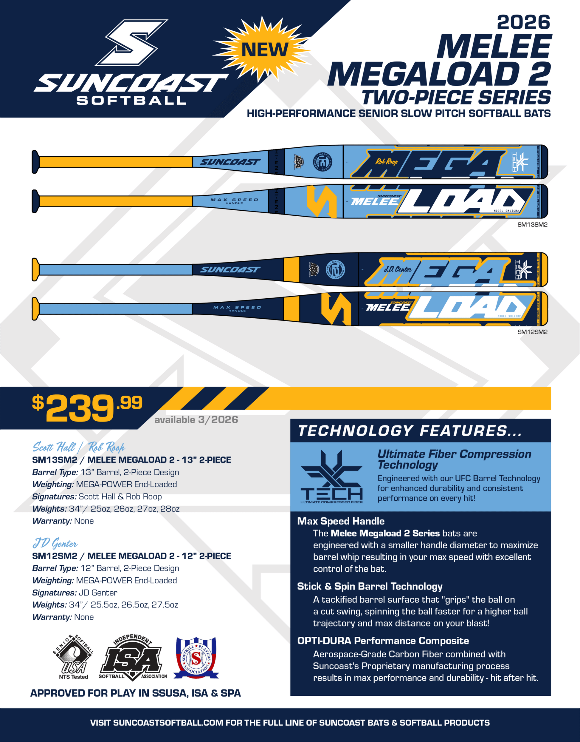 2026 Suncoast Melee Megaload 13" 2-Piece End Loaded SSUSA Senior Slowpitch Softball Bat