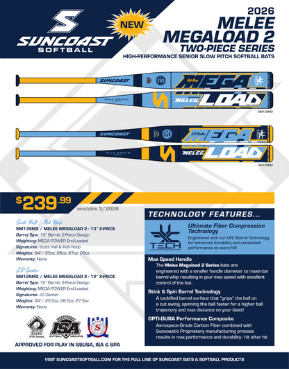 2026 Suncoast Melee Megaload 12" 2-Piece End Loaded SSUSA Senior Slowpitch Softball Bat