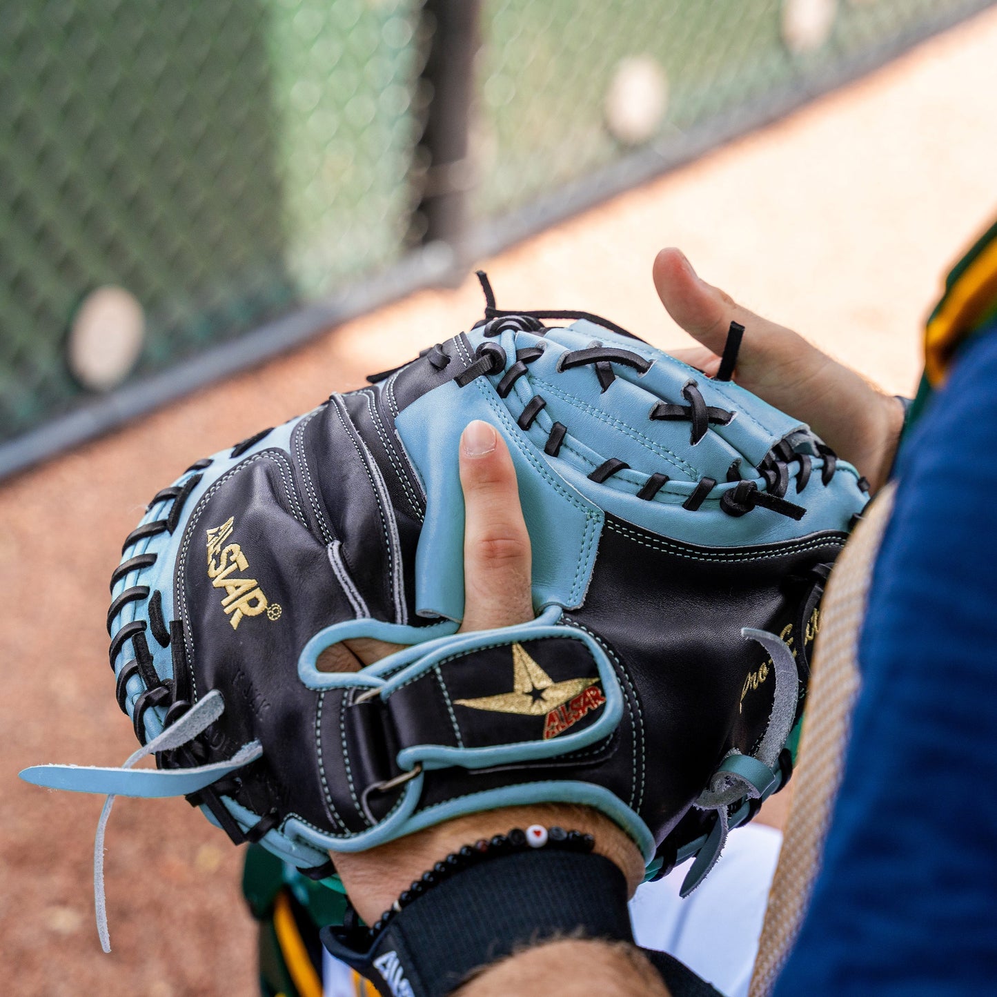 All-Star Pro Elite 34" Black/Sky Blue Catchers Mitt/Glove