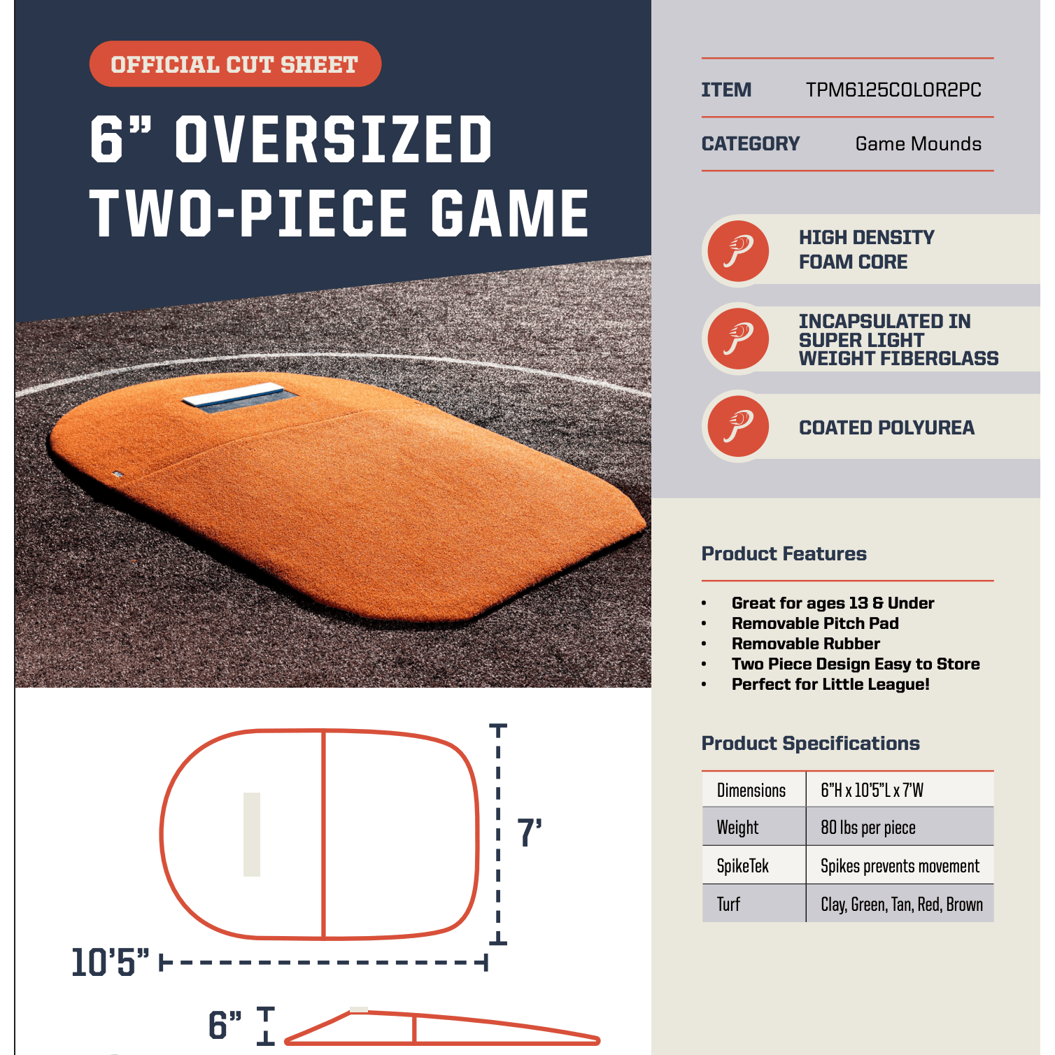 Portolite 6" Oversized Two-Piece Baseball Portable Pitching Mound 61252PC
